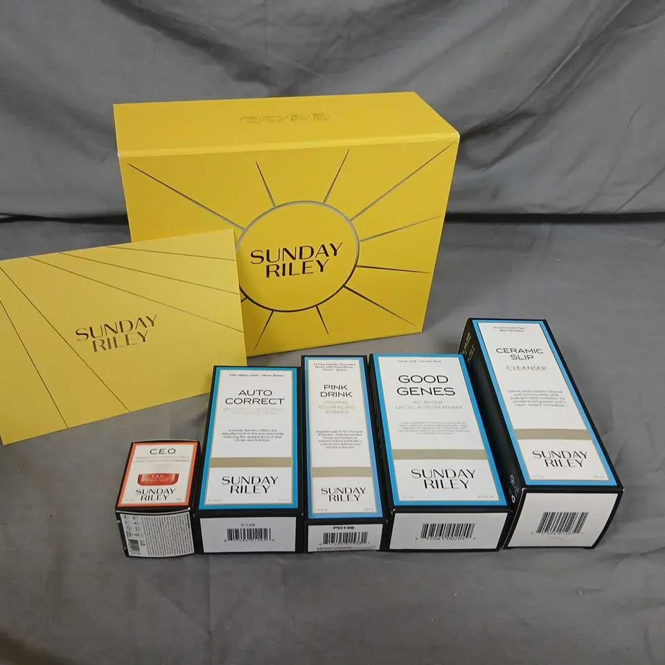 BOXED SUNDAY RILEY GIFT SET TO INCLUDE; C.E.O, AUTO CORRECT, PINK DRINK, GOOD GENES AND CERAMIC SLIP