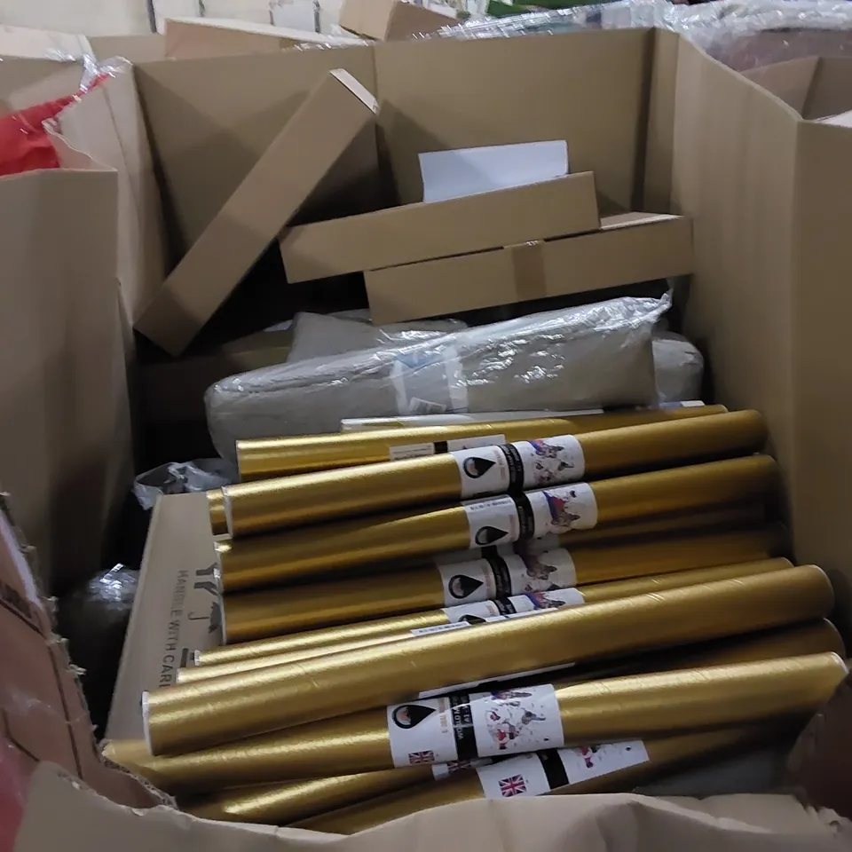 PALLET TO CONTAIN ASSORTED HOUSEHOLD ITEMS AND CONSUMER PRODUCTS. INCLUDING CLOCKS, WORLD MAP POSTERS, BATHROOM RUGS ETC