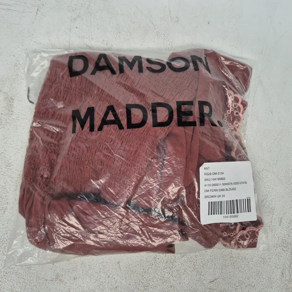 BAGGED DAMSON MADDER FERN EMBROIDERED BLOUSE IN BROWN SIZE UK 20