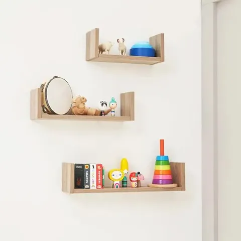 BOXED TUTTI BAMBINI MODENA SET OF THREE U-SHAPED WALL SHELVES - OAK FINISH (1 BOX)