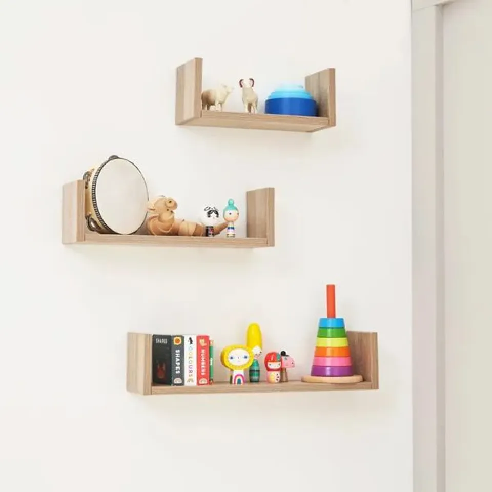 BOXED TUTTI BAMBINI MODENA SET OF THREE U-SHAPED WALL SHELVES - OAK FINISH (1 BOX)