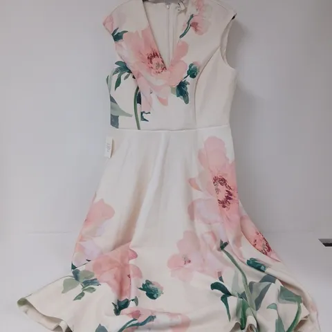 PHASE EIGHT FLORAL PRINT RAKHI SCUBA EVENING DRESS – CREAM WITH PINK FLOWERS - UK SIZE 16