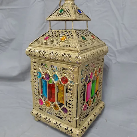 MOROCCAN-STYLE DECORATIVE METAL LANTERN WITH MULTICOLORED GLASS PANELS
