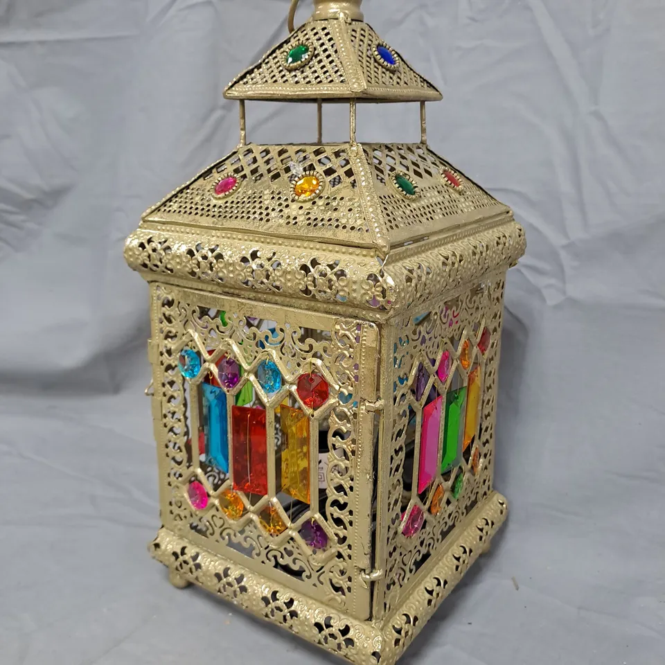 MOROCCAN-STYLE DECORATIVE METAL LANTERN WITH MULTICOLORED GLASS PANELS