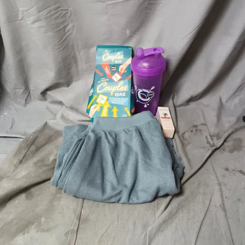 BOX OF APPROXIMATELY 30 ASSORTED ITEMS INCLUDING GREY SHORTS, DRINK BOTTLE, SORE MUSCLE RELIEF OIL AND COUPLES QUIZ ETC