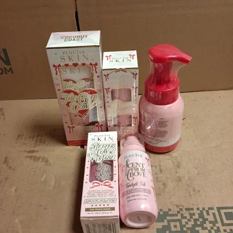 PLOUISE 5 ITEM SET TO INCLUDE COCONUT COAST SHIMMER BODY CREAM, TWILIGHT TIDE PURIFYING AND BRIGHTENING LOTION ETC IN PINK QUILTED BAG