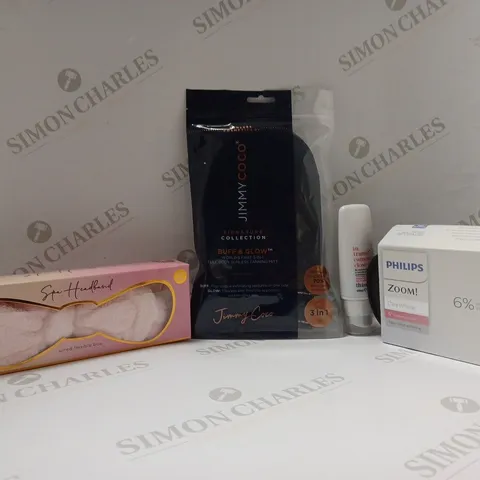BOX OF APPROX 20 ASSORTED HEALTH AND BEAUTY ITEMS TO INCLUDE - PHILIPS ZOOM DAY WHITE - SPA HEADBAND - JIMMY COCO BUFF & GLOW ECT