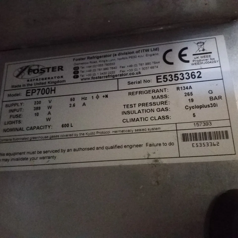 FOSTER EP700H ECOPR G2 600LTR UPRIGHT CABINET FRIDGE 
