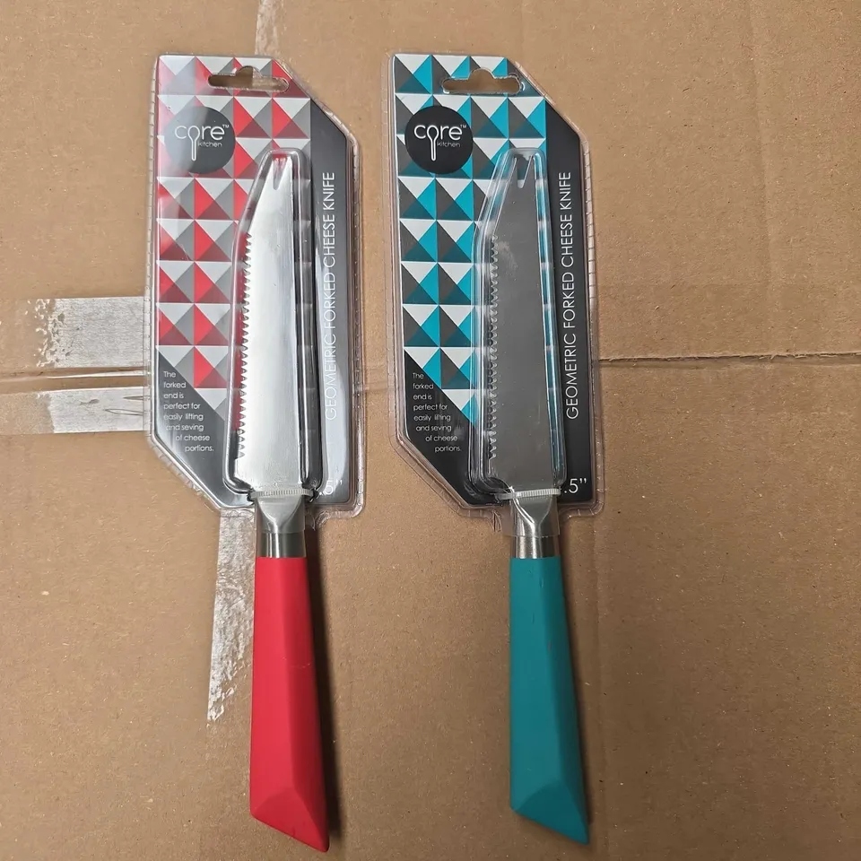 APPROXIMATELY 13 CORE KITCHEN GEOMETRIC FORKED CHEESE KNIVES 4.5" BLADE 2 COLOURS