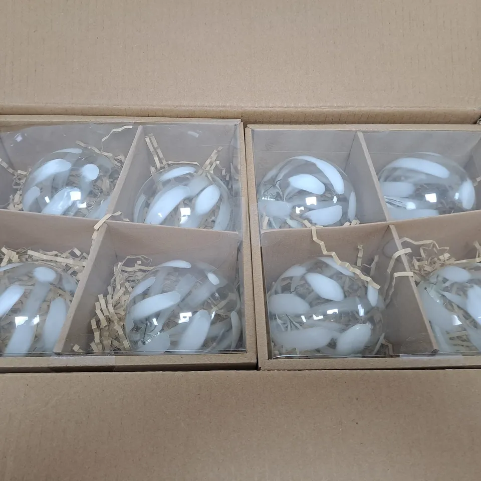 BOX OF 6 GLASS WHITE BRUSH BAUBLES 