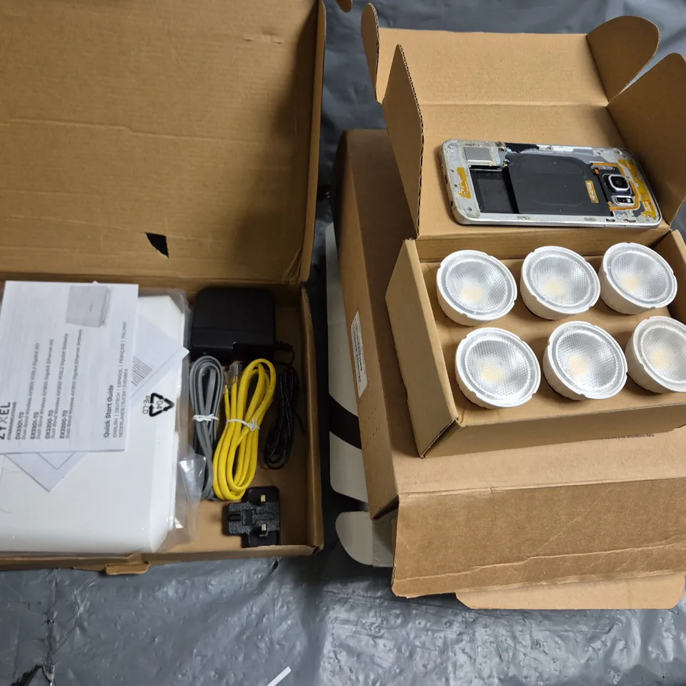 SIX ASSORTED ELECTRICAL PRODUCTS TO INCLUDE; ZYXEL ETHERNET IAD DUAL BAND WIRELESS AX1800 GIGABIT ETHERNET, SKY Q MINI AND SAMSUNG PHONE PART