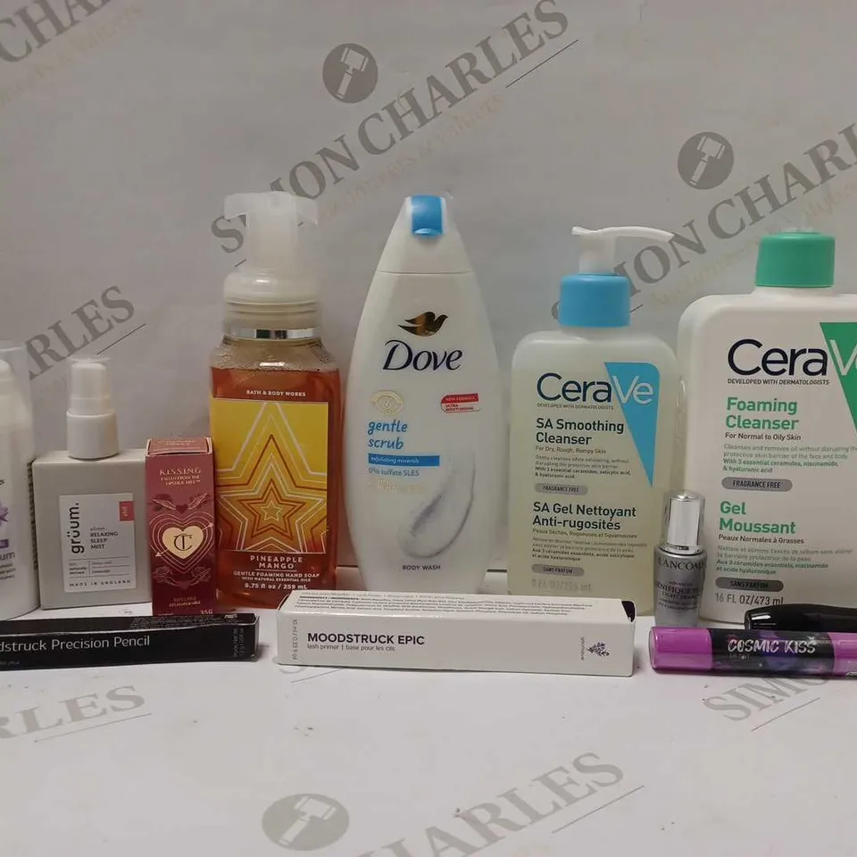 LOT OF APPROX 10 ASSORTED BEAUTY PRODUCTS TO INCLUDE CHARLOTTE TILBURY LIPSTICK, DOVE BODY WASH, CERA VE SMOOTHING CLEANSER, ETC 