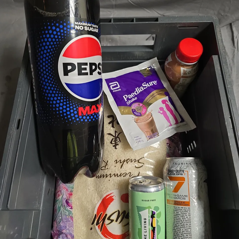 APPROXIMATELY 6 ASSORTED FOOD/DRINK PRODUCTS TO INCLUDE PEPSI MAX, ONE LIVING DRINK, SUSHI RICE ETC 