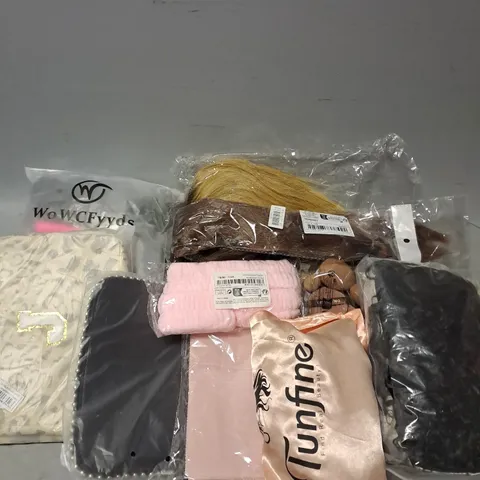 BOX OF APPROXIMATELY 20 ASSORTED COSMETIC ITEMS TO INCLUDE - WIGS - HAIR EXTENSIONS - COSMETIC BAGS - ETC