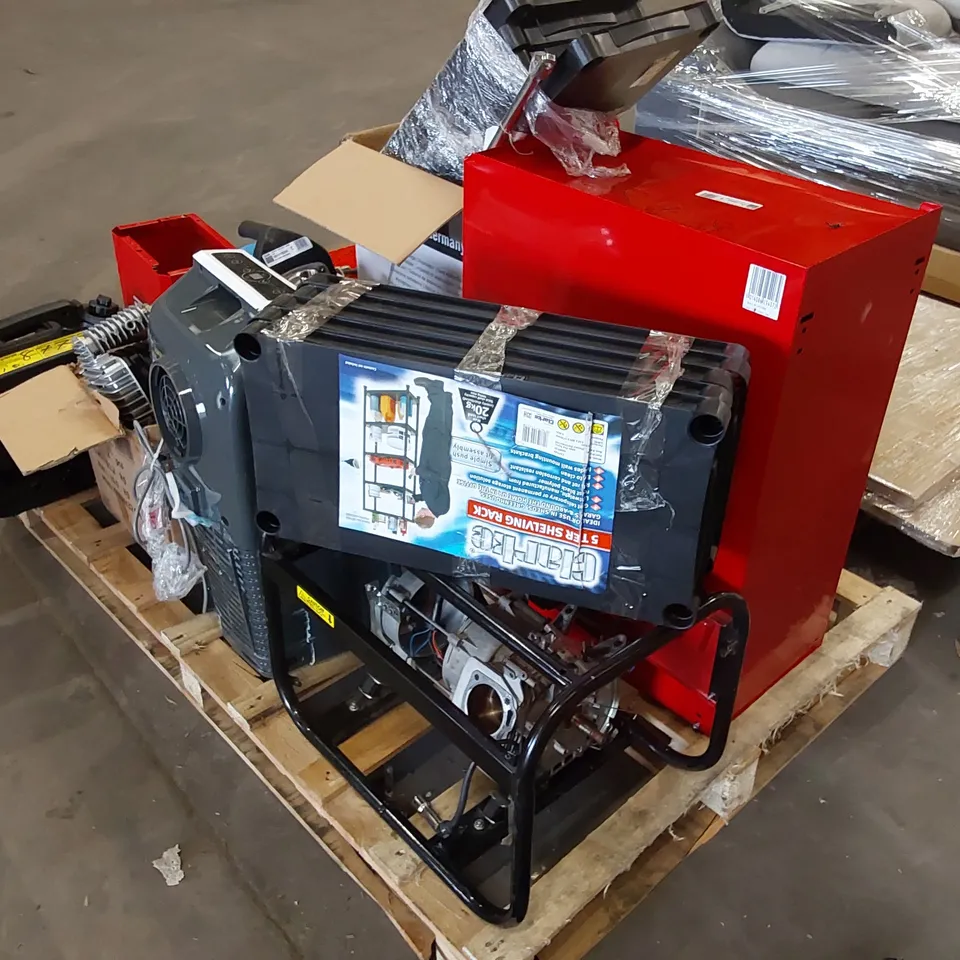 LARGE PALLET OF ASSORTED MACHINERY/TOOL PARTS TO INCLUDE: TOOL CHEST, AIR COMPRESSOR PARTS, PETROL GENERATOR PARTS, SHELVING RACK PARTS ECT