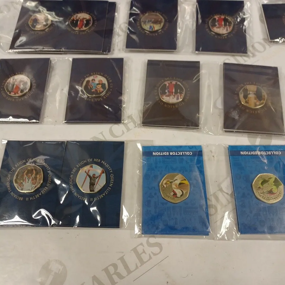 BOX TO CONTAIN APPROX. 30 X ASSORTED COMMEMORATIVE & COLLECTABLE 50P COINS. DESIGNS VARY 