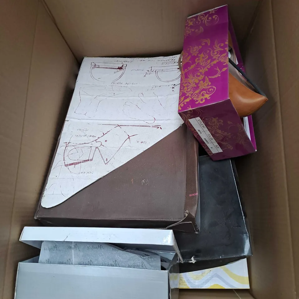 BOX OF APPROX 10 PAIRS OF ASSORTED SHOES IN VARIOUS COLOURS, STYLES AND SIZES