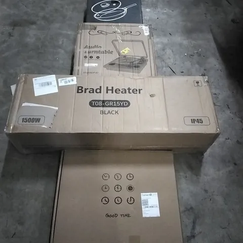 PALLET OF HOUSEHOLD ITEMS TO INCLUDE WOK,AUDIO TURNTABLE, BRAD HEATER,WALL CLOCK AND OTHER ASSORTED ITEMS...