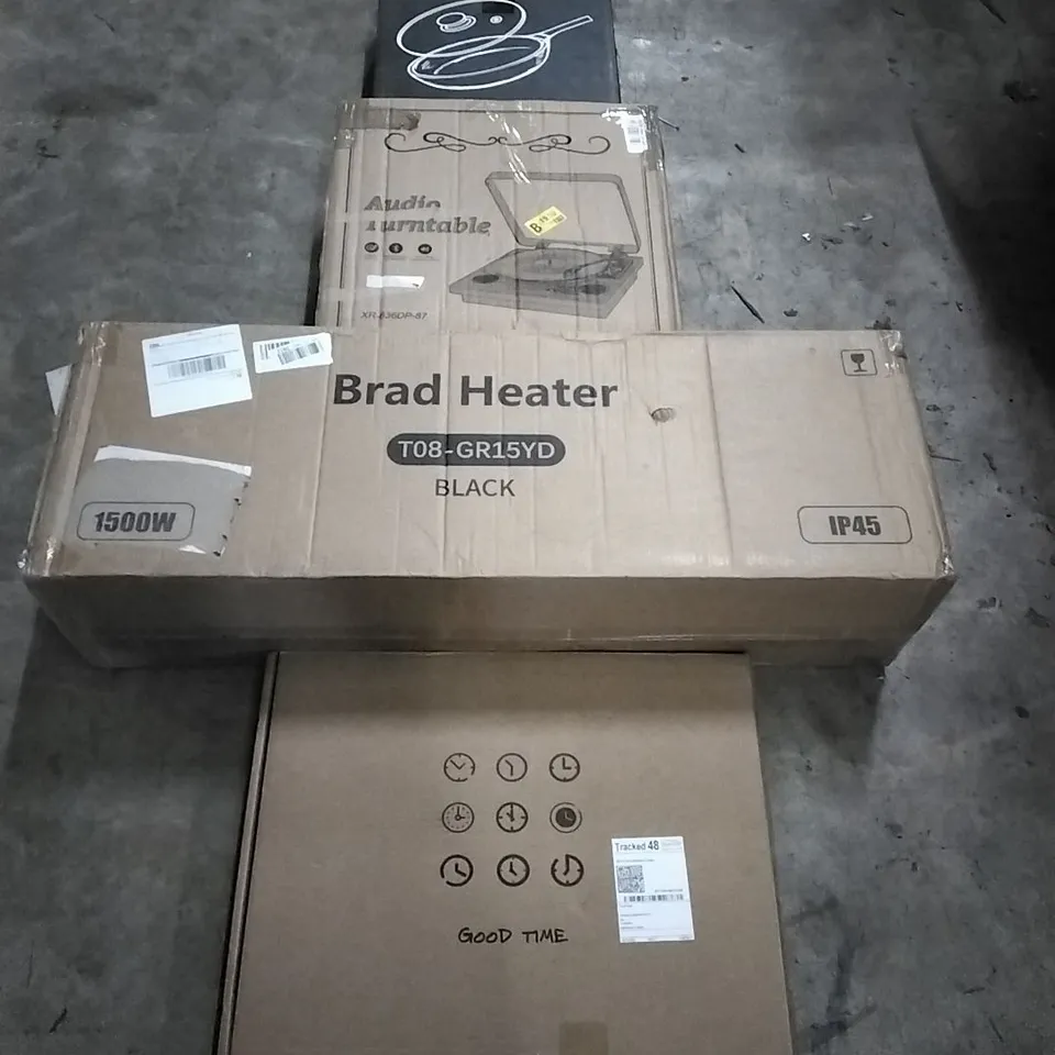 PALLET OF HOUSEHOLD ITEMS TO INCLUDE WOK,AUDIO TURNTABLE, BRAD HEATER,WALL CLOCK AND OTHER ASSORTED ITEMS...