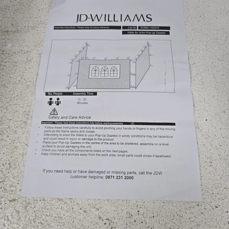 JD WILLIAMS WALLS FOR 3X3M POP UP GAZEBO