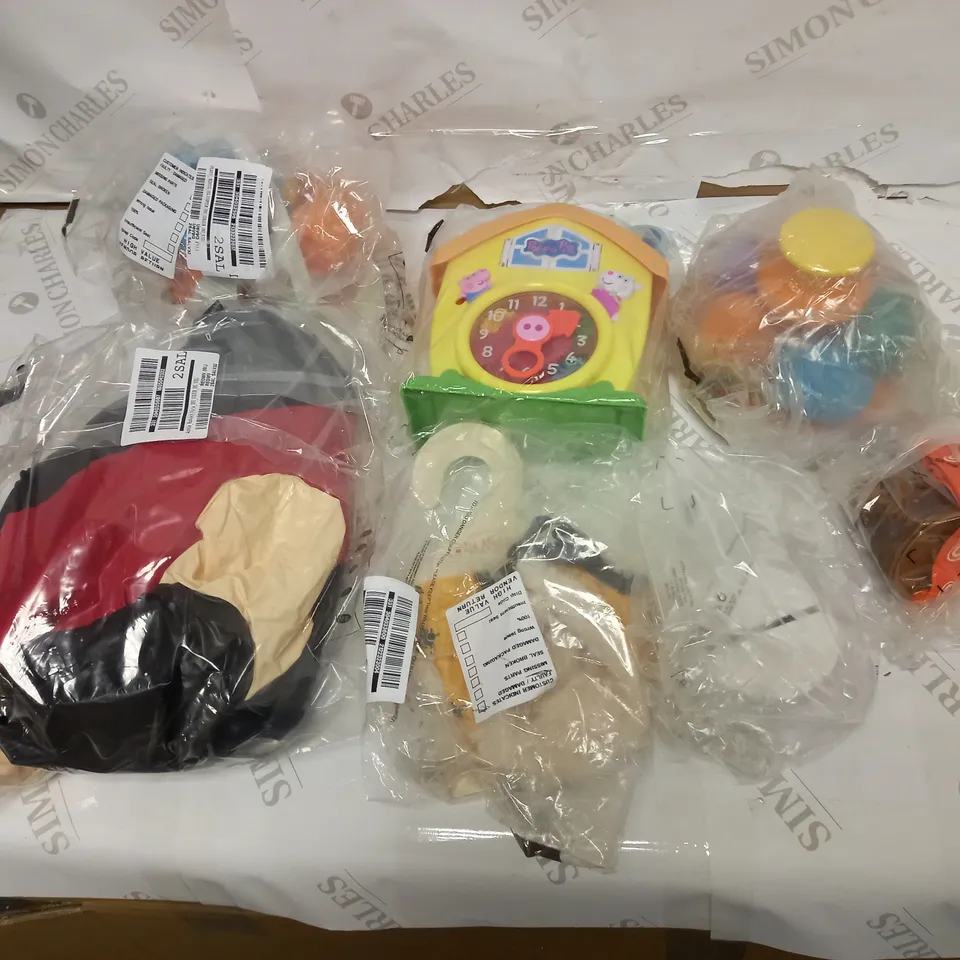 LOT OF APPROX. 7 ASSORTED TOYS AND GAMES TO INCLUDE DINOSAUR EGGS, INFLATABLE PIRATE, PEPPA PIG CLOCK ETC RRP £16.99