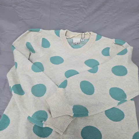 ICHI WOMEN'S JUMPER – OATMEAL WITH TEAL POLKA DOTS - M