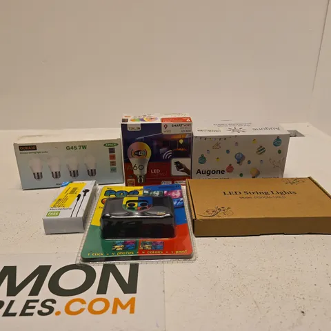 BOX OF APPROXIMATELY 15 ASSORTED ITEMS TO INCLUDE LED STRING LIGHTS, THE POP CAM, EAR BUDS WITH MICROPHONE, LIGHT BULBS ETC