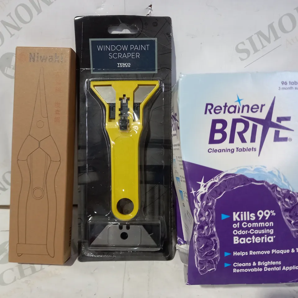 LOT OF APPROXIAMTELY 10 ASSORTED HOUSEHOLD ITEMS TO INCLUDE RETAINER BRITE CLEANING TABLETS, WINDOW PAINT SCRAPER, ETC
