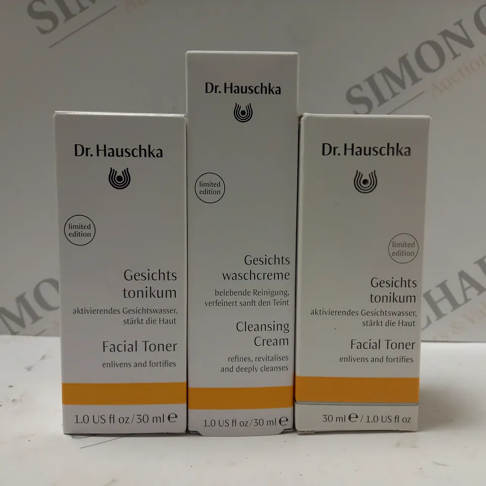 BOX OF 3 ASSORTED DR. HAUSCHKA PRODUCTS TO INCLUDE 2 X 30ML FACIAL TONER & 1 X 30ML CLEANSING CREAM 