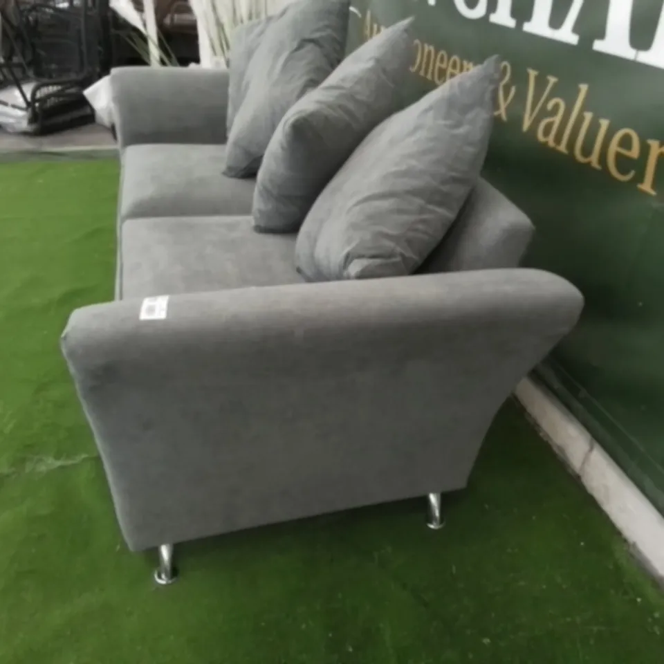 DESIGNER GREY FABRIC THREE SEATER SOFA WITH SCATTER BACK CUSHIONS 