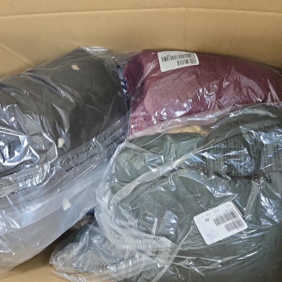 BOX OF APROX 8 ASSORTED CLOTHING AND HOUSEHOLD ITEMS IN VARIOUS STYLES. SIZES, AND COLOURS - COLLECTION ONLY