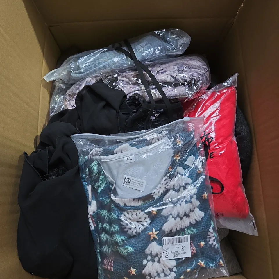 LARGE BOX OF ASSORTED CLOTHING ITEMS IN VARIOUS SIZES, STYLES AND COLOUR 