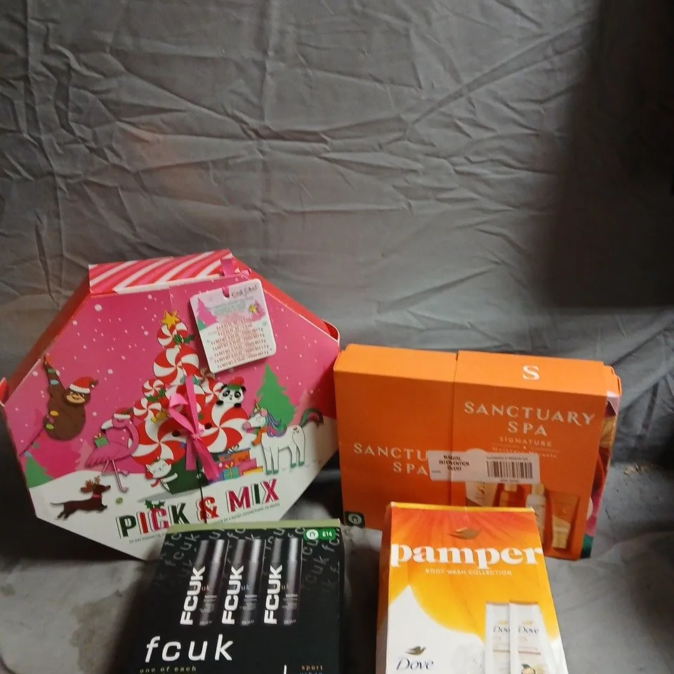 BOX OF APPROXIMATELY 10 ASSORTED HEALTH AND BEAUTY GIFT SETS TO INCLUDE DOVE, FCUK AND SANCTUARY SPA
