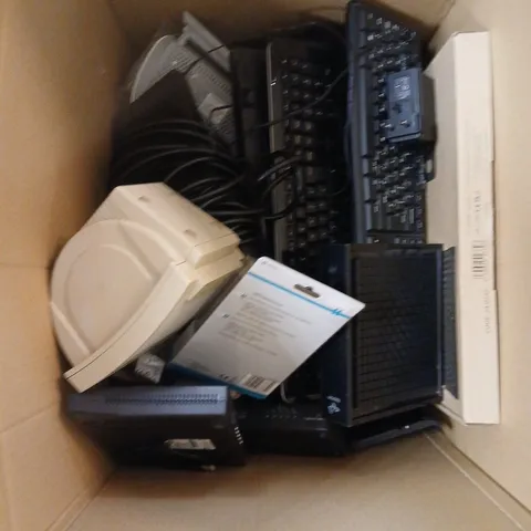 APPROXIMATELY 15 ASSORTED ELECTRICAL PRODUCTS TO INCLUDE KEYBOARDS, ROUTERS, POWER CABLES ETC