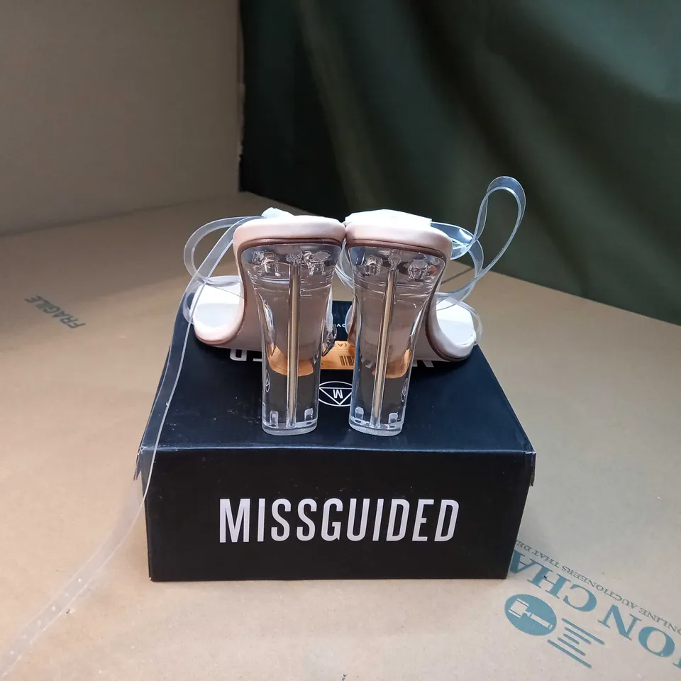 BOXED PAIR OF MISSGUIDED CLEAR SQUARE TOE ILLUSION HEEL  SIZE 7