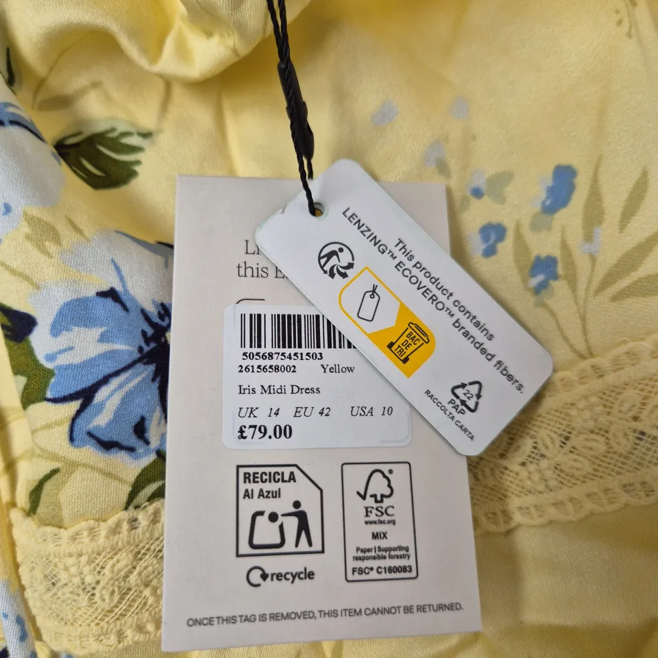NOBODY'S CHILD IRIS MIDI DRESS – YELLOW FLORAL, UK 14 (EU 42, USA 10)