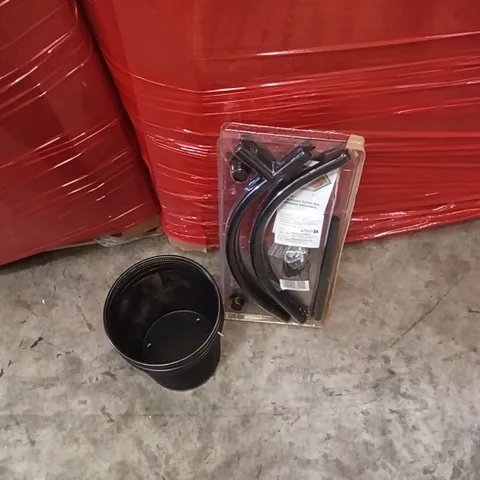 PALLET OF ASSORTED ITEMS INCLUDING - CURTAIN SHOWER ROD, SMALL BINS