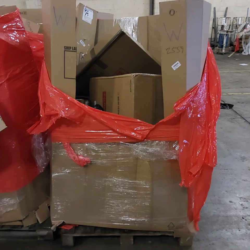 PALLET TO CONTAIN ASSORTED HOUSEHOLD ITEMS AND CONSUMER PRODUCTS. INCLUDING BATHROOM SECURITY POLE, CHRISTMAS TREE, PET GROOMING VACUUM KIT, BOXED FURNITURE ETC