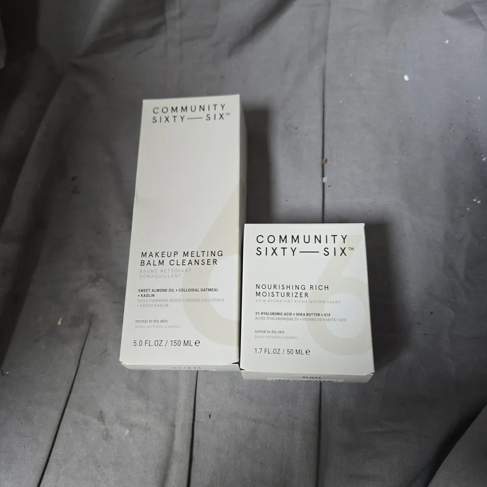 APPROXIMATELY 6 PACKS OF COMMUNITY SIXTY-SIX MAKEUP MELTING BALM CLEANSER & NOURISHING RICH MOISTURIZER 
