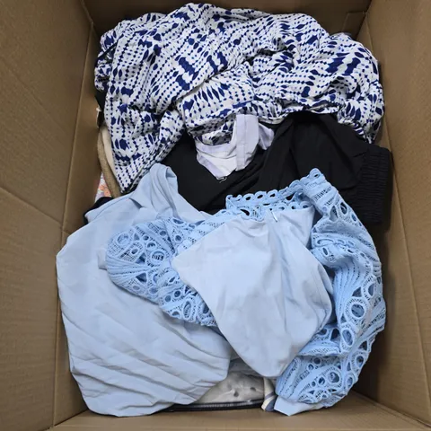 BOX OF APPROXIMATELY 30 ASSORTED CLOTHING ITEMS IN VARIOUS STYLES , COLOURS AND SIZES