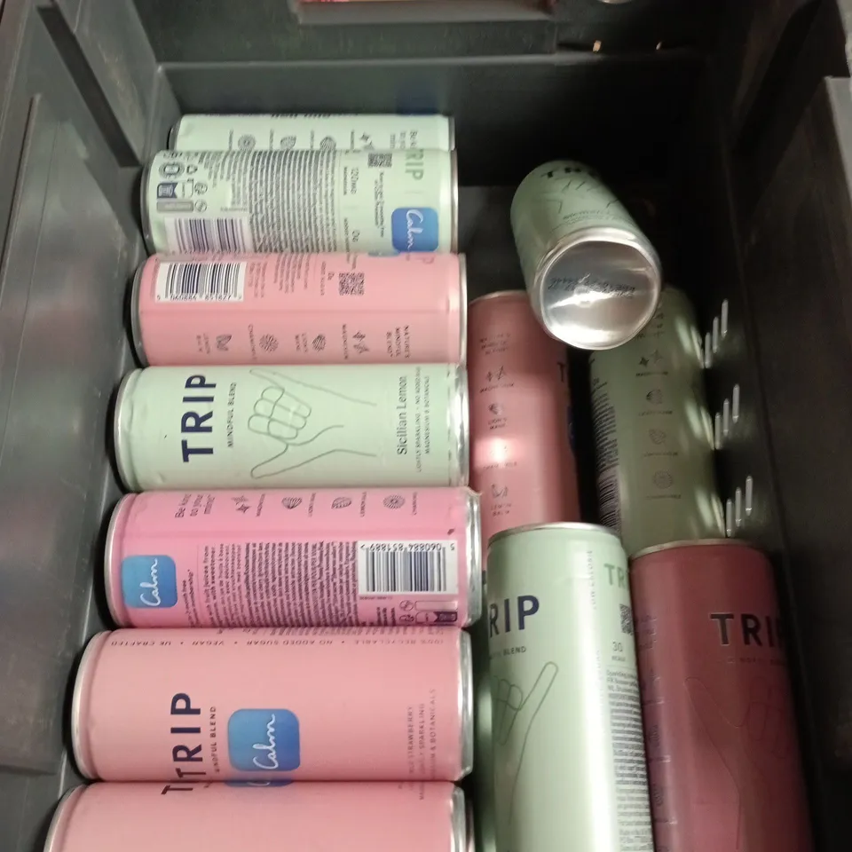 TOTE OF APPROXIMATELY 20 CANS OF TRIP DRINKS ASSORTED FLAVOURS TO INCLUDE SICILIAN LEMON, WILD STRAWBERRY AND ELDERFLOWER MINT 250ML PER CAN