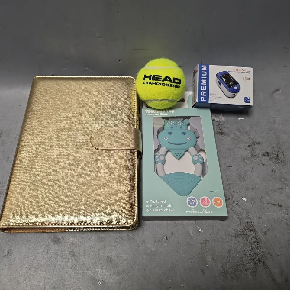 APPROXIMATELY 8 ASSORTED ITEMS TO INCLUDE - HEAD CHAMPIONSHIP TENNIS BALL , TEETHING TOY , BLOOD GLUCOSE MONITOR ETC