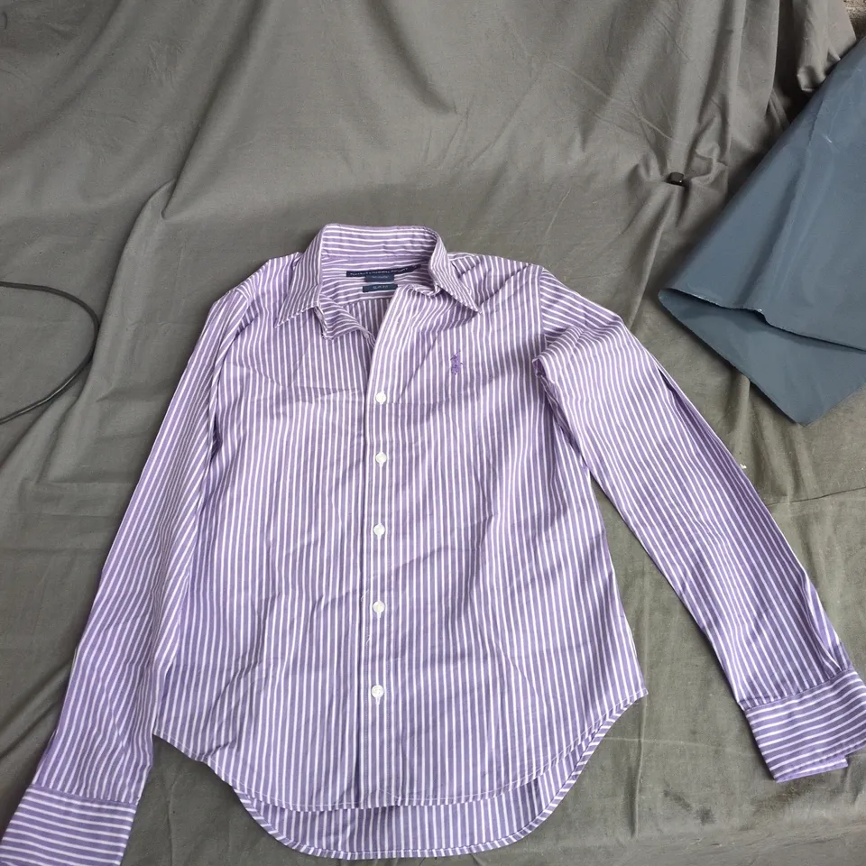 RALPH LAUREN SPORT SLIM FIT STRIPED SHIRT, PURPLE & WHITE – WOMENS SIZE 2
