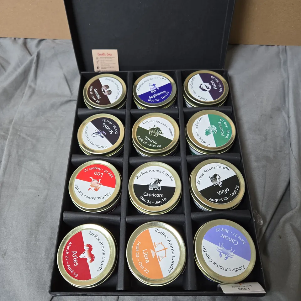 ZODIAC AROMA CANDLE TIN SET – 12 ASSORTED ZODIAC CANDLES IN METAL TINS (BOXED)