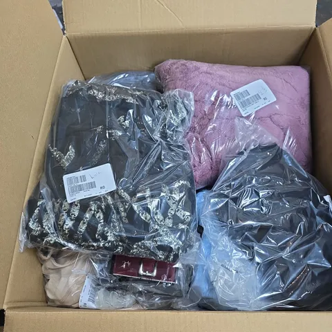 BOX OF APPROXIMATELY 20 ASSORTED CLOTHING ITEMS IN VARIOUS STYLES , COLOURS AND SIZES