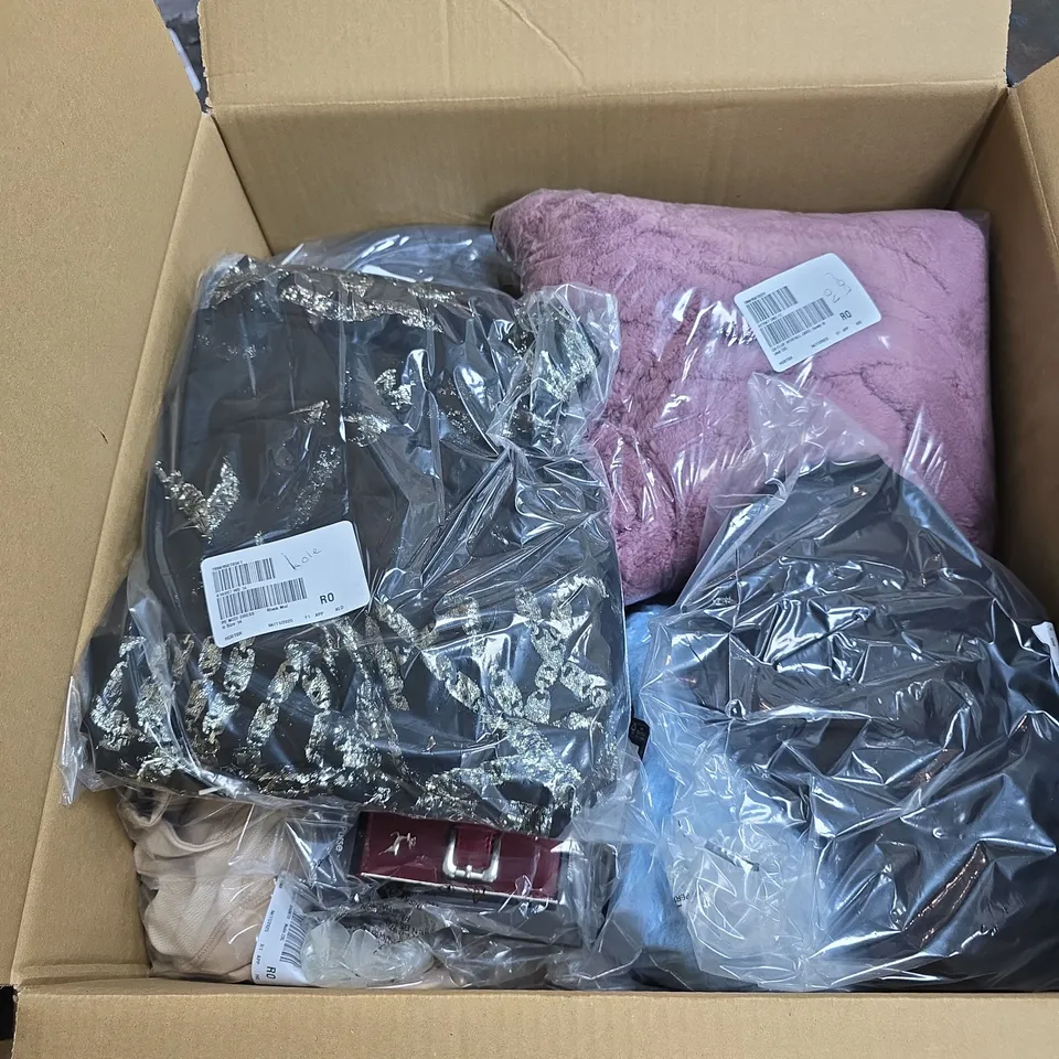 BOX OF APPROXIMATELY 20 ASSORTED CLOTHING ITEMS IN VARIOUS STYLES , COLOURS AND SIZES