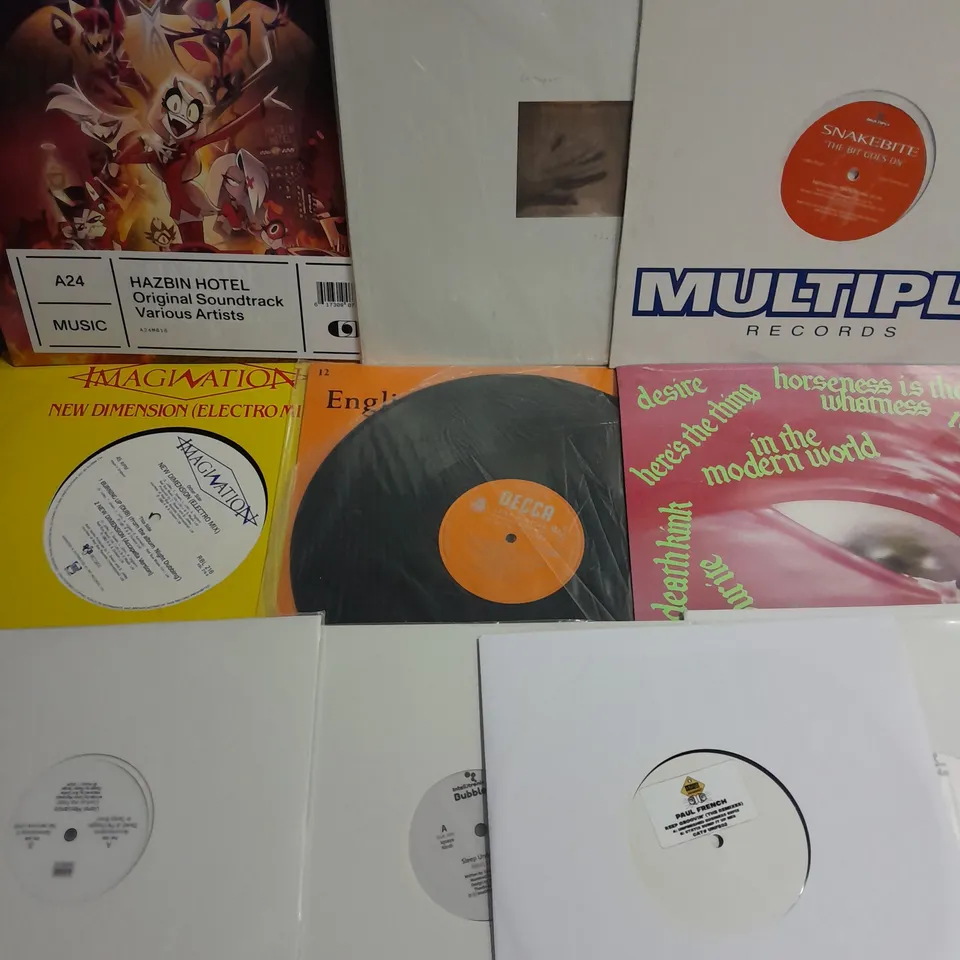 LOT OF 10 ASSORTED VINTL RECORDS TO INCLUDE HAZBIN ORIGINAL SOUNDTRACK, IMAGINATION NEW DIMENSION AND SNAKEBITE THE BIT GOES ON