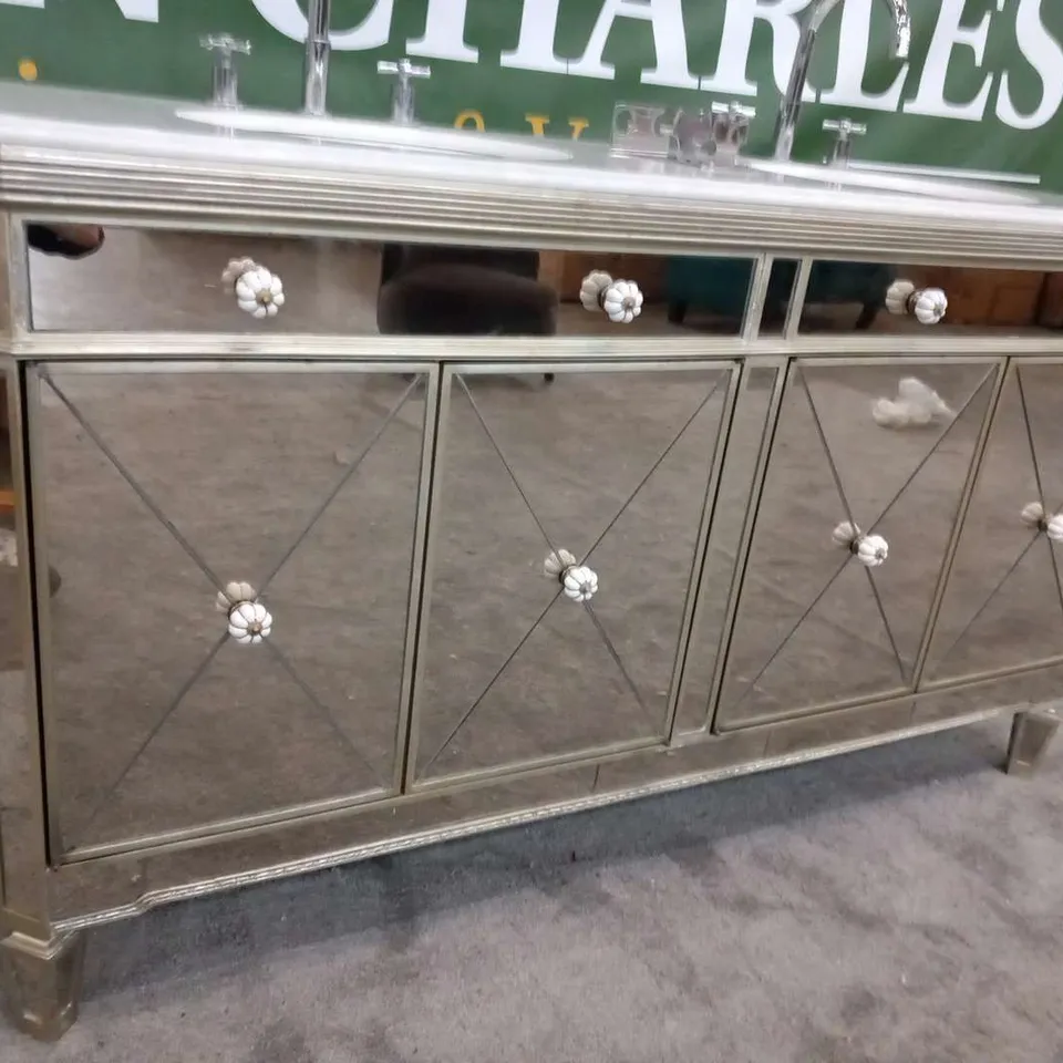 MIRRORED ANTIQUED RIBBED MARBLE TOPPED VANITY UNIT WITH TWO INBUILT BASINS