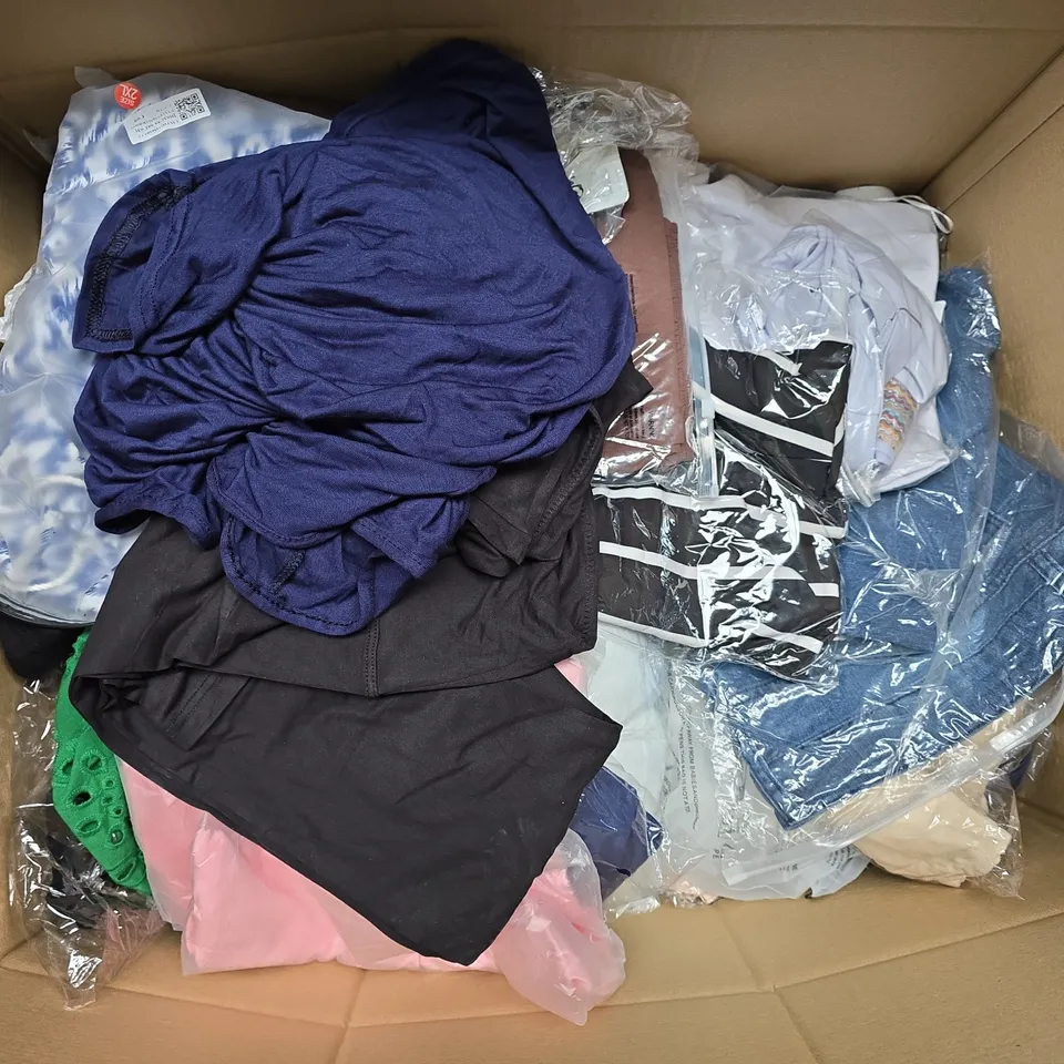 APPROXIMATELY 40 ASSORTED CLOTHING ITEMS IN VARIOUS SIZES, STYLES & COLOURS TO INCLUDE DRESSES, TOPS, SOCKS, ETC - COLLECTION ONLY