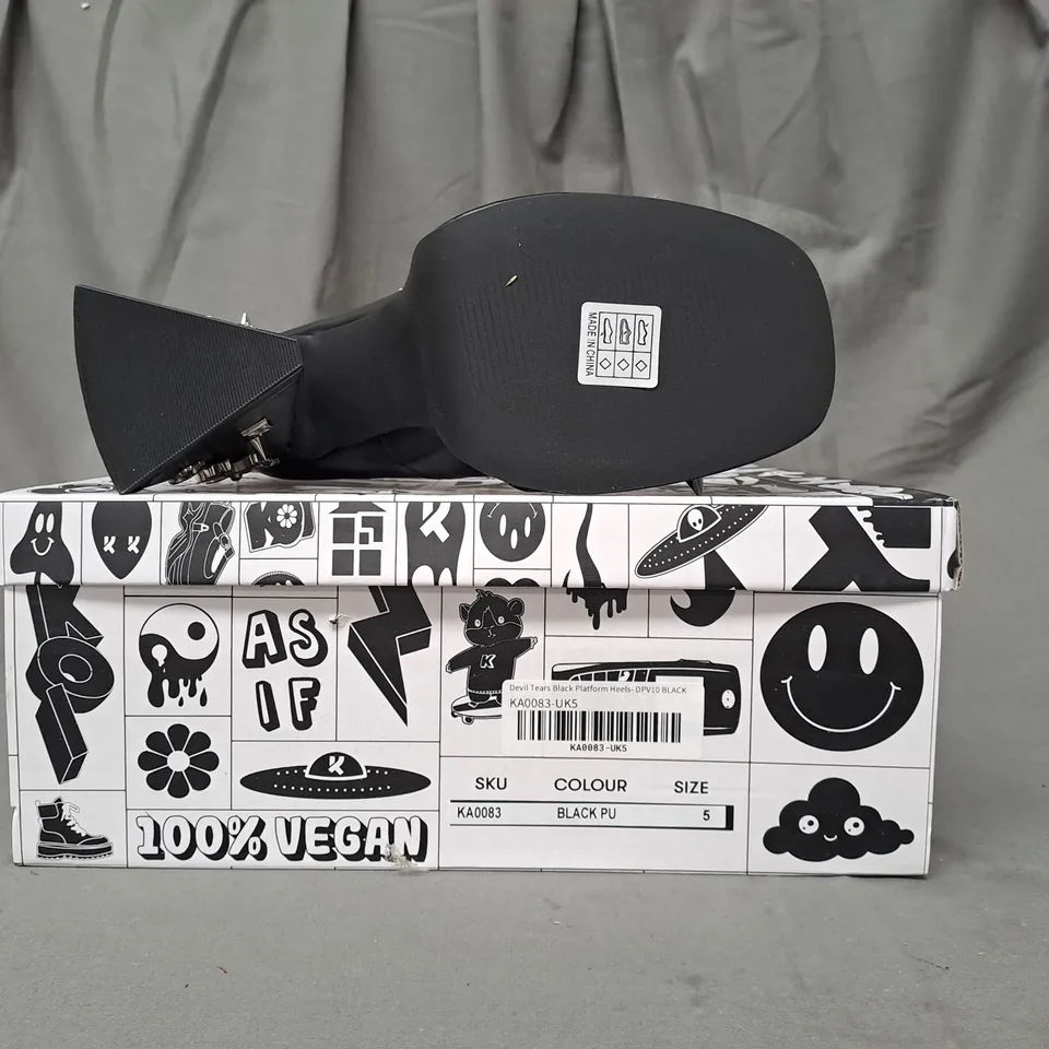 BOXED PAIR OF KOI VEGAN DEVIL TEARS PLATFORM HEELS IN BLACK UK SIZE 5